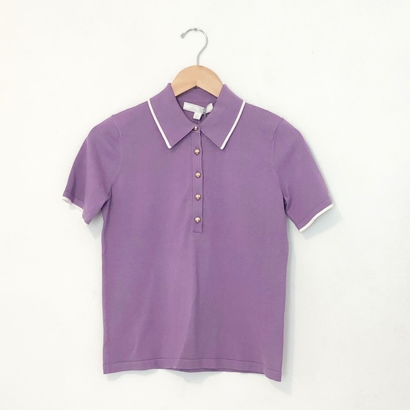 Silk Blend Short-Sleeve Tipped Polo Sweater Size Small in Lavender NWT - Picture 3 of 5